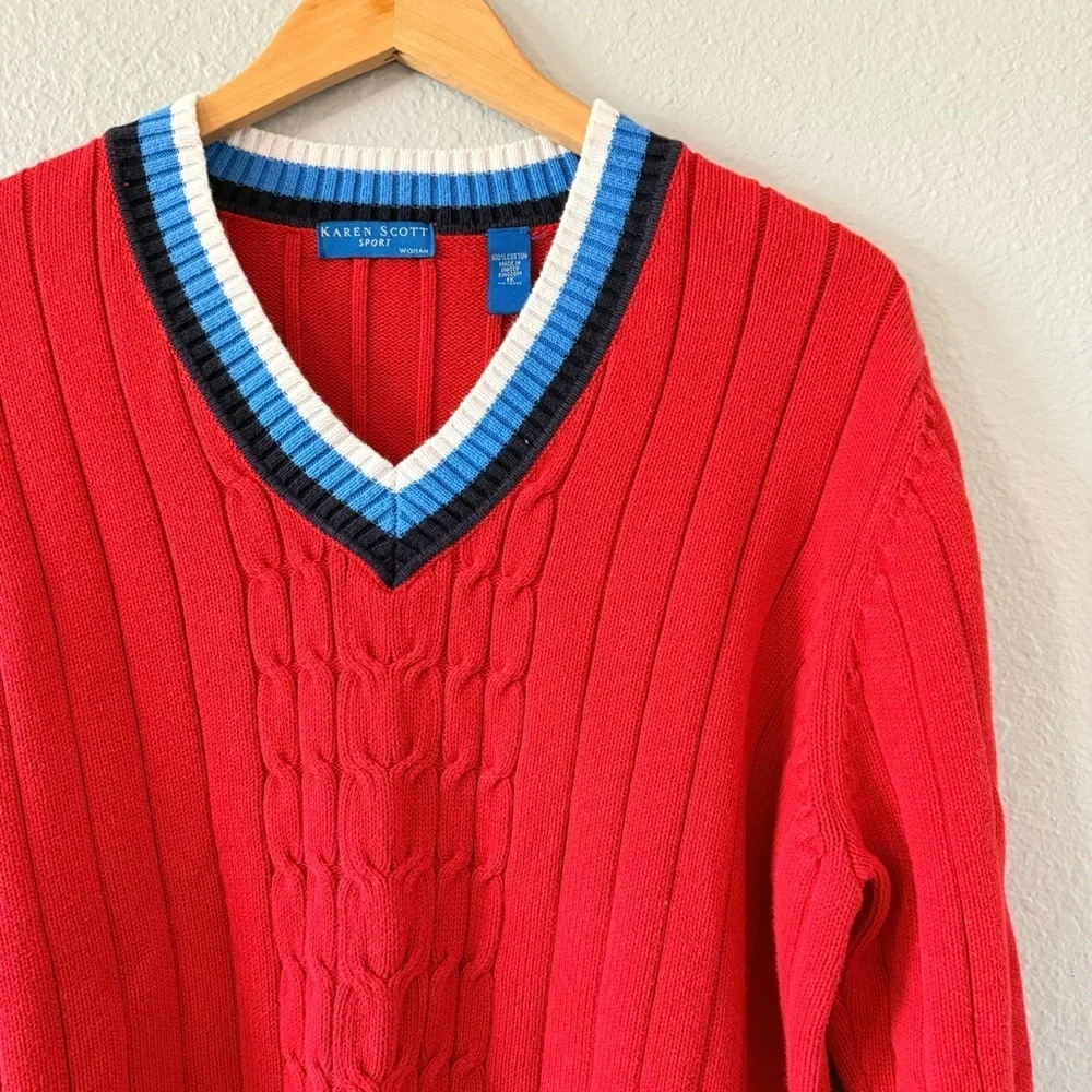 Vintage Karen Scott Sport Red Cotton Cable Knit V-Neck Sweater Women's Size 1X